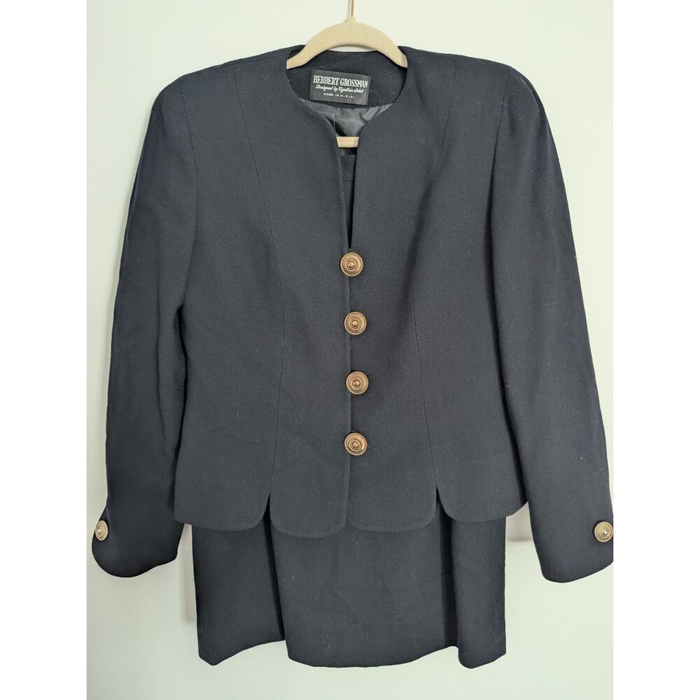 Vintage 90s Wool Power Suit Black Gold Button Skirt Set USA 8 Saks